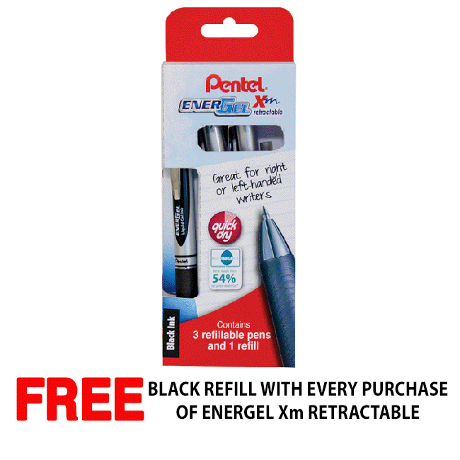 Pentel EnerGel Xm Retractable 3-piece pen and 1 refill pack YBL77LR7/3-A