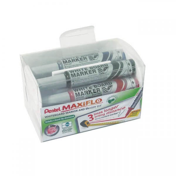 Pentel Maxiflo Medium Bullet Point Whiteboard Marker 4-piece with non-magnetic eraser MWL5M/4E