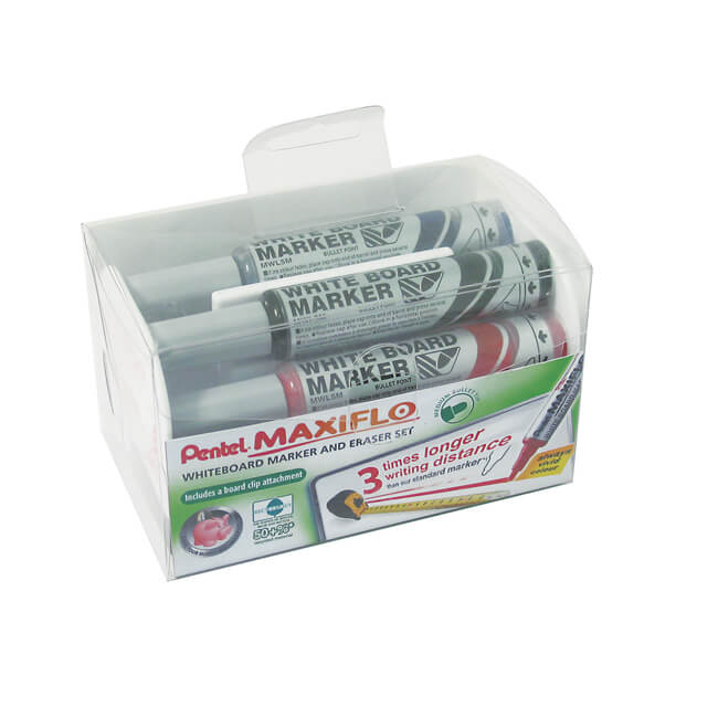 Pentel Maxiflo Medium Bullet Point Whiteboard Marker 4-piece with non-magnetic eraser MWL5M/4E