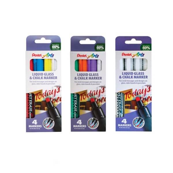 Pentel Wet Erase Liquid Glass & Chalk Marker standard tip 4-piece cardboard wallet SMW26/4