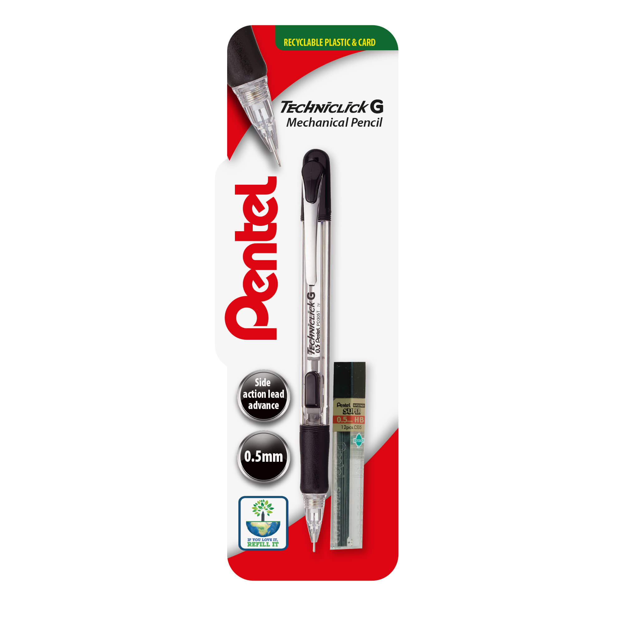 Pentel Techniclick G 0.5mm Mechanical pencil single blister card with tube of 0.5mm HB refill leads XPD305T
